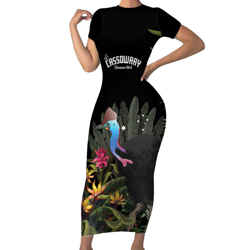 Personalised Australia Cassowary Short Sleeve Bodycon Dress Dinosaur Bird - Rainforest Vibes