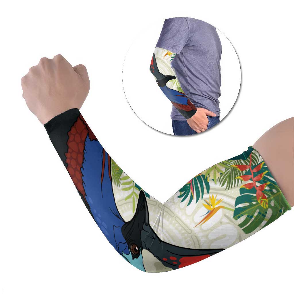 Cassowary Australia Arm Sleeves Tropical Flowers Mix Aboriginal Art - Aussie Hoodie