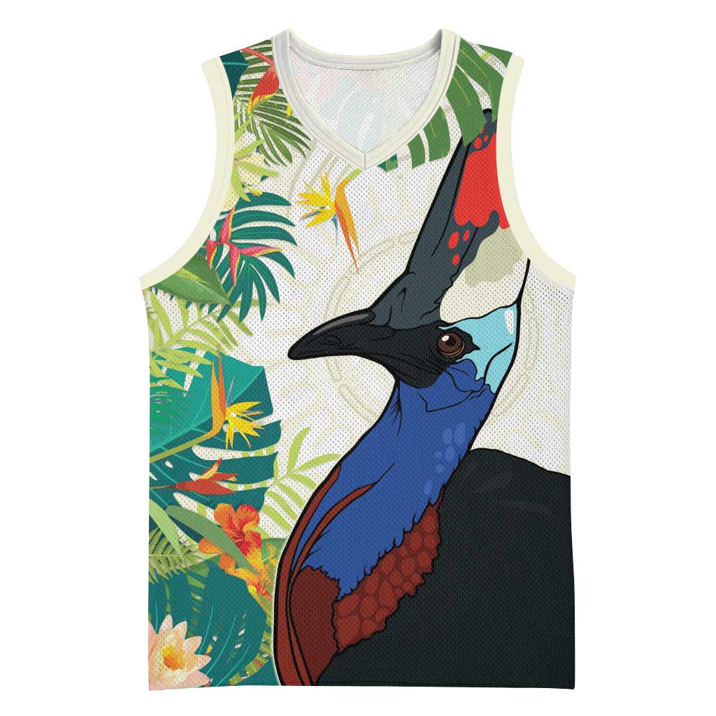 Cassowary Australia Basketball Jersey Tropical Flowers Mix Aboriginal Art - Aussie Hoodie
