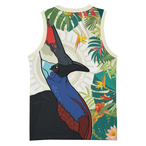 Cassowary Australia Basketball Jersey Tropical Flowers Mix Aboriginal Art - Aussie Hoodie