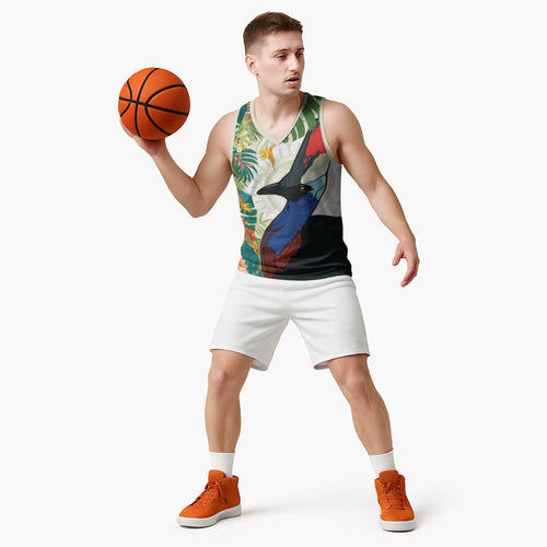 Cassowary Australia Basketball Jersey Tropical Flowers Mix Aboriginal Art - Aussie Hoodie