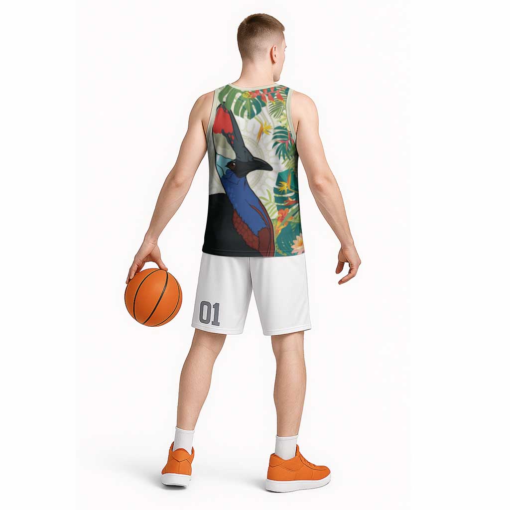 Cassowary Australia Basketball Jersey Tropical Flowers Mix Aboriginal Art - Aussie Hoodie