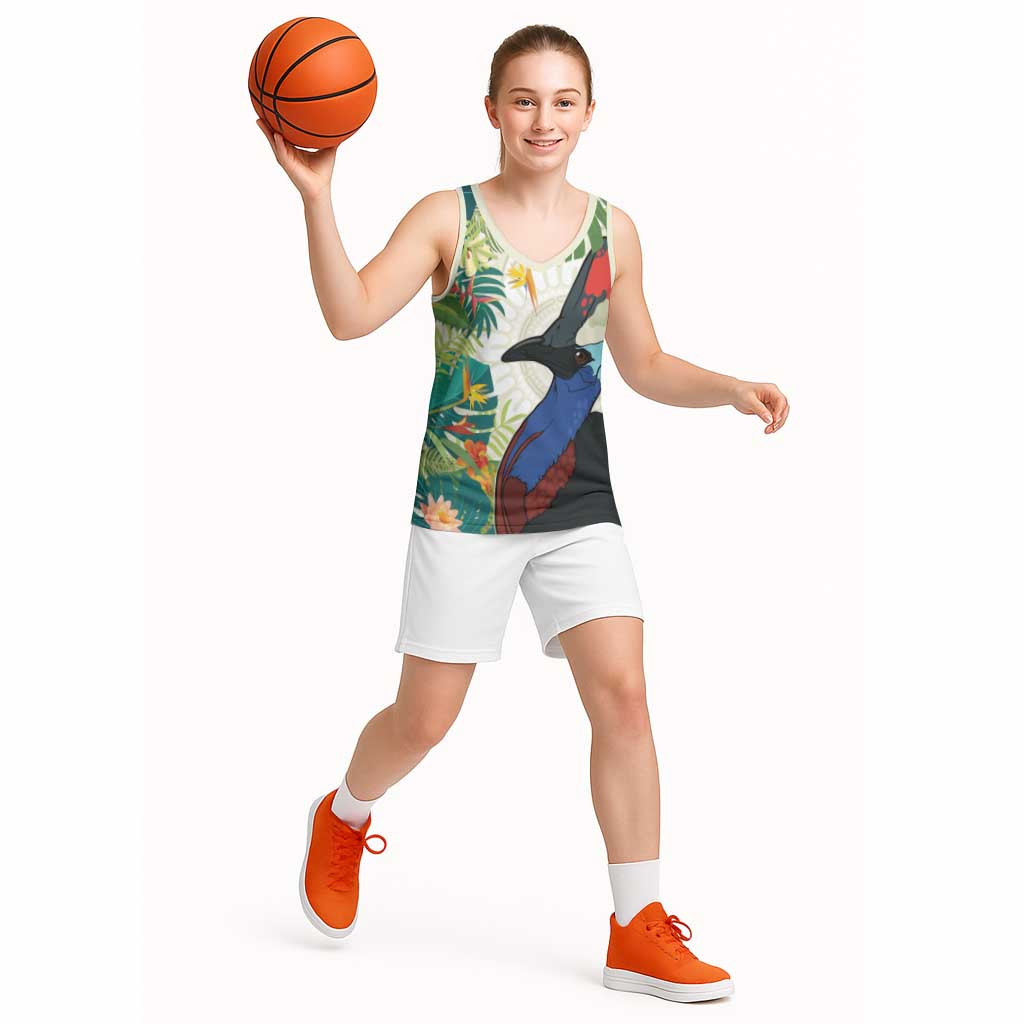 Cassowary Australia Basketball Jersey Tropical Flowers Mix Aboriginal Art - Aussie Hoodie