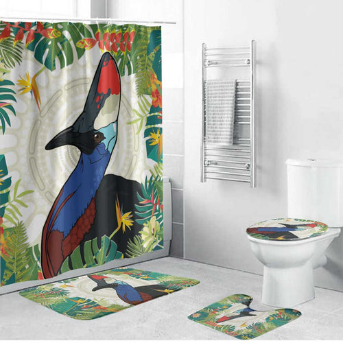 Cassowary Australia Bathroom Set Tropical Flowers Mix Aboriginal Art - Aussie Hoodie