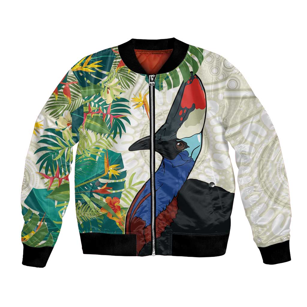 Cassowary Australia Bomber Jacket Tropical Flowers Mix Aboriginal Art