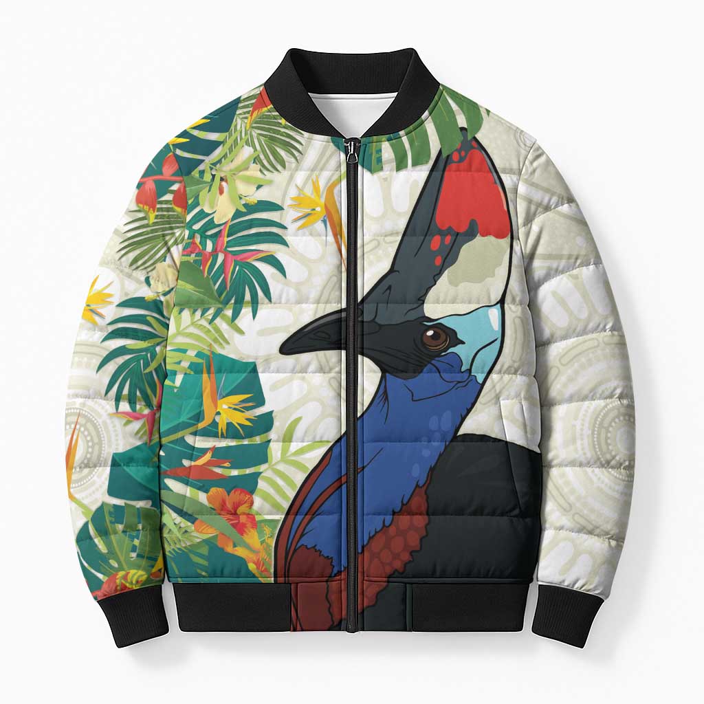 Cassowary Australia Bomber Puffer Jacket Tropical Flowers Mix Aboriginal Art - Aussie Hoodie