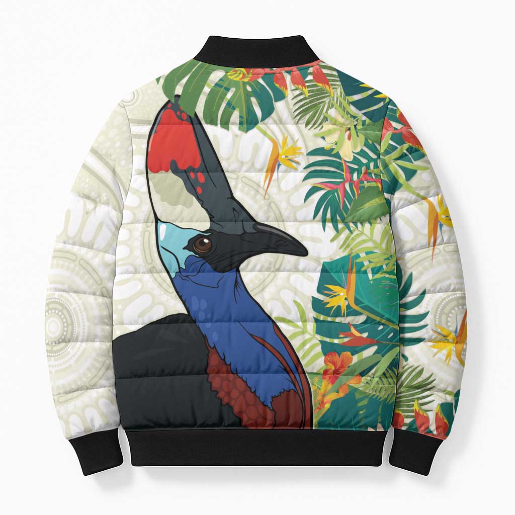 Cassowary Australia Bomber Puffer Jacket Tropical Flowers Mix Aboriginal Art - Aussie Hoodie