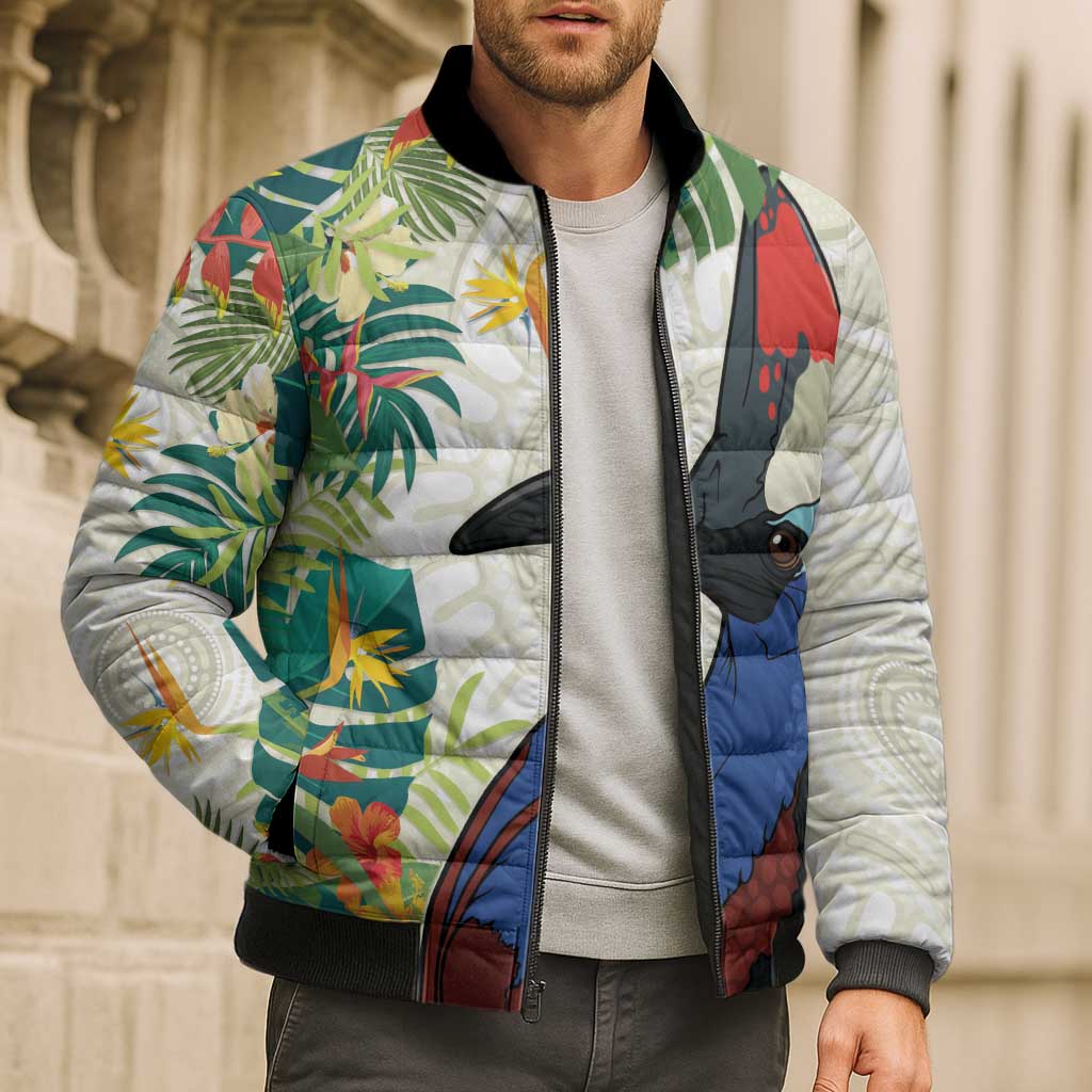 Cassowary Australia Bomber Puffer Jacket Tropical Flowers Mix Aboriginal Art - Aussie Hoodie