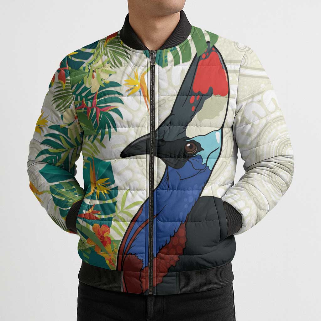 Cassowary Australia Bomber Puffer Jacket Tropical Flowers Mix Aboriginal Art - Aussie Hoodie