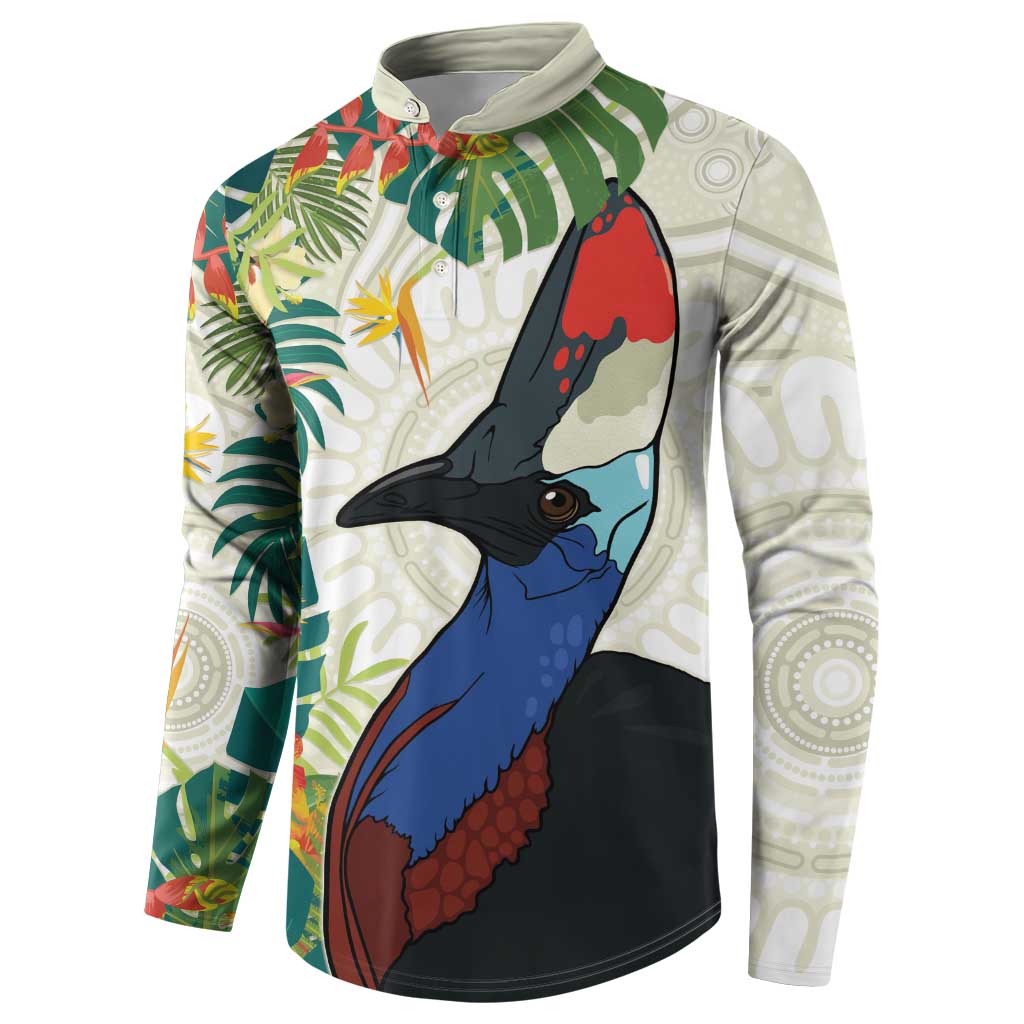Cassowary Australia Button Sweatshirt Tropical Flowers Mix Aboriginal Art