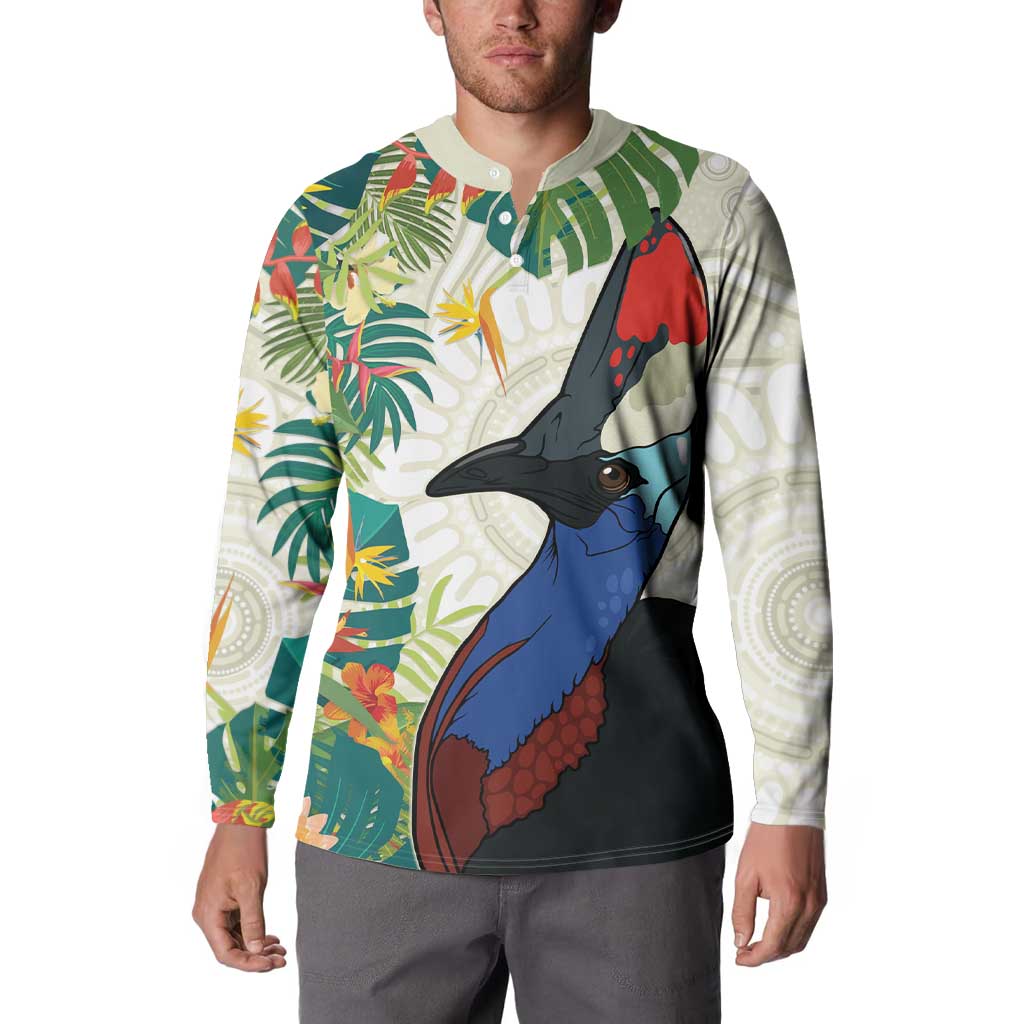 Cassowary Australia Button Sweatshirt Tropical Flowers Mix Aboriginal Art