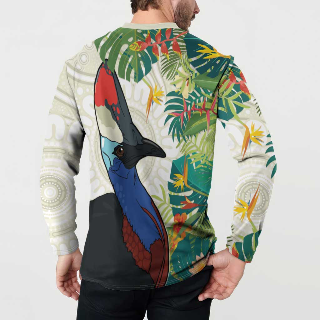 Cassowary Australia Button Sweatshirt Tropical Flowers Mix Aboriginal Art