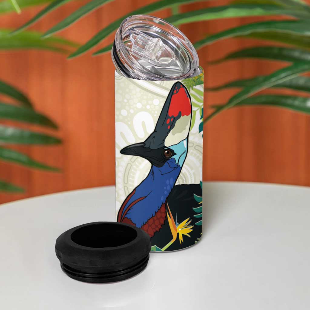 Cassowary Australia 4 in 1 Can Cooler Tumbler Tropical Flowers Mix Aboriginal Art