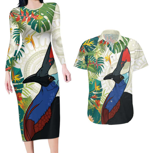 Cassowary Australia Couples Matching Long Sleeve Bodycon Dress and Hawaiian Shirt Tropical Flowers Mix Aboriginal Art