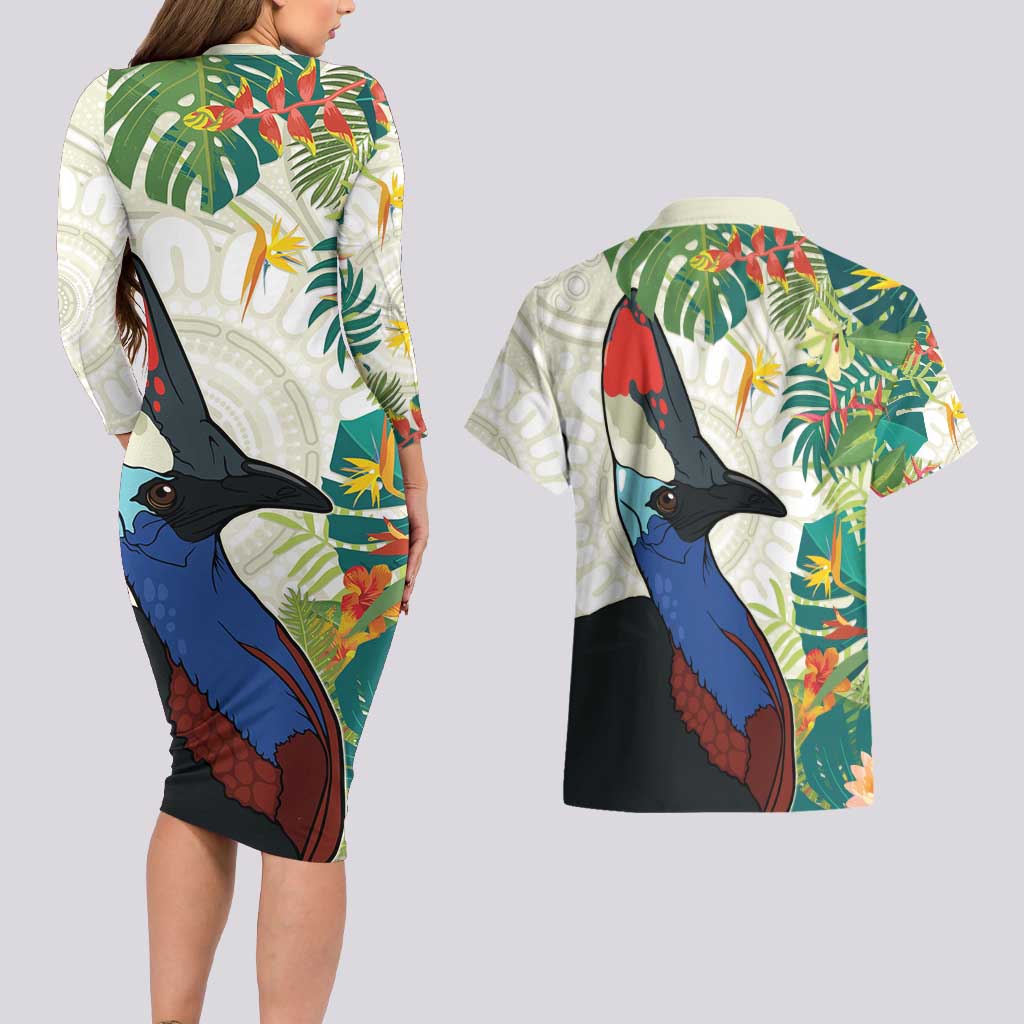 Cassowary Australia Couples Matching Long Sleeve Bodycon Dress and Hawaiian Shirt Tropical Flowers Mix Aboriginal Art