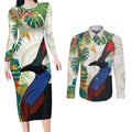 Cassowary Australia Couples Matching Long Sleeve Bodycon Dress and Long Sleeve Button Shirt Tropical Flowers Mix Aboriginal Art