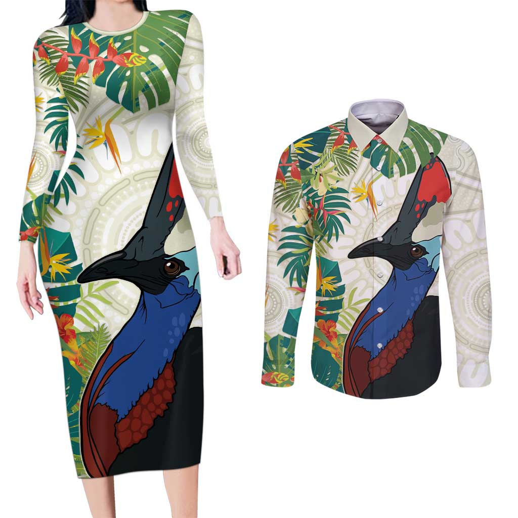 Cassowary Australia Couples Matching Long Sleeve Bodycon Dress and Long Sleeve Button Shirt Tropical Flowers Mix Aboriginal Art