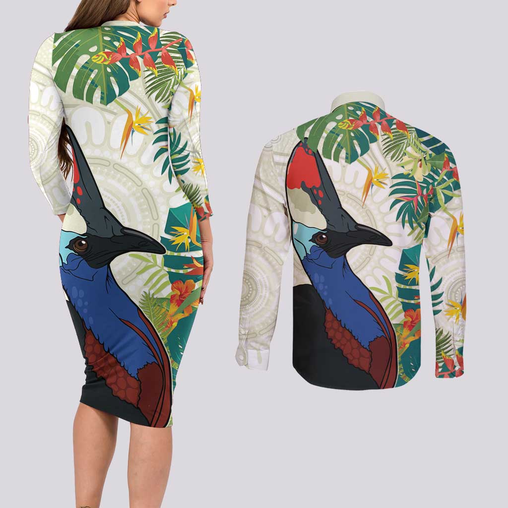 Cassowary Australia Couples Matching Long Sleeve Bodycon Dress and Long Sleeve Button Shirt Tropical Flowers Mix Aboriginal Art