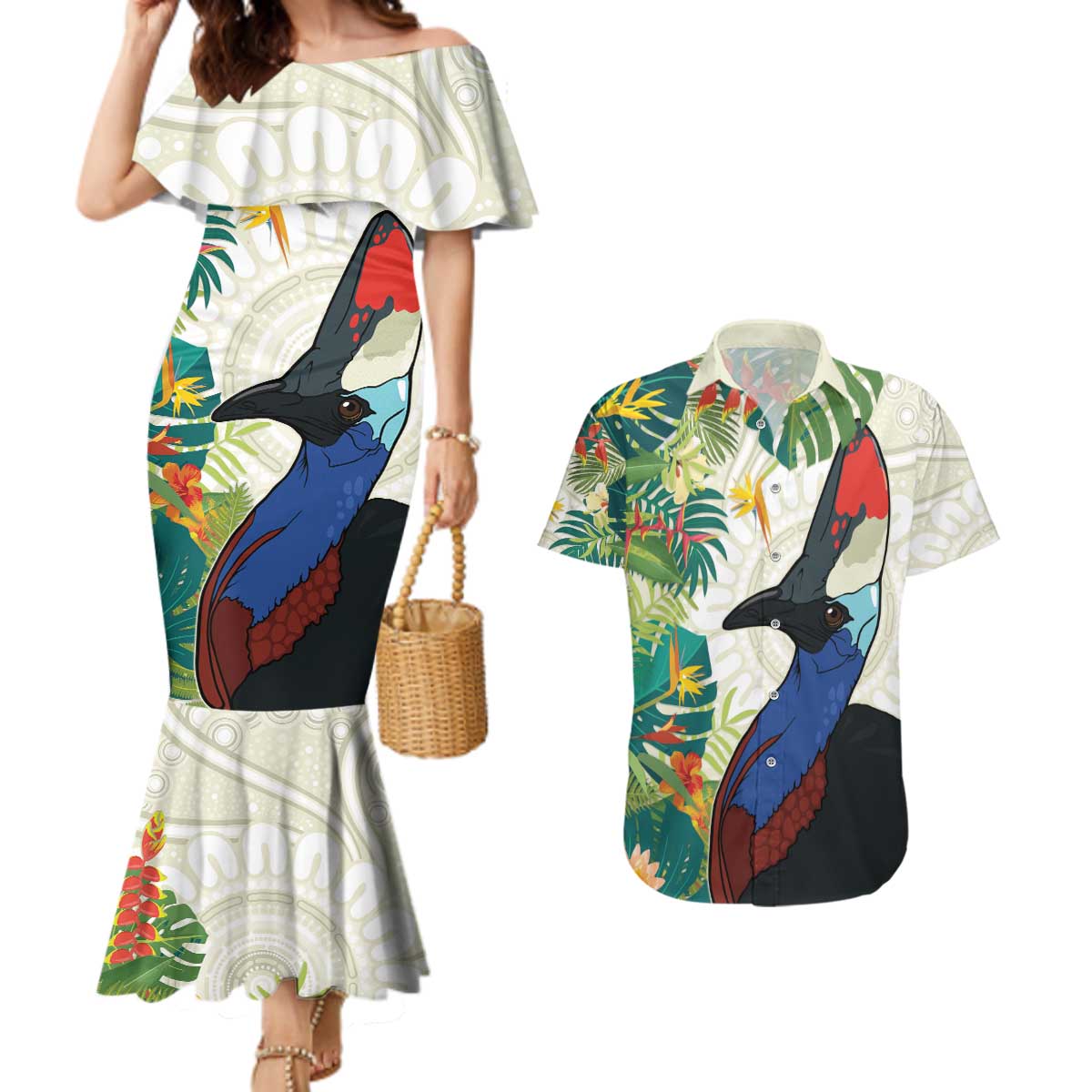 Cassowary Australia Couples Matching Mermaid Dress and Hawaiian Shirt Tropical Flowers Mix Aboriginal Art