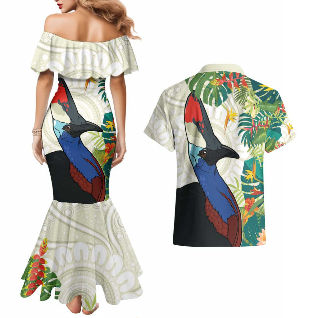 Cassowary Australia Couples Matching Mermaid Dress and Hawaiian Shirt Tropical Flowers Mix Aboriginal Art