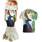 Cassowary Australia Couples Matching Mermaid Dress and Hawaiian Shirt Tropical Flowers Mix Aboriginal Art