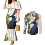 Cassowary Australia Couples Matching Mermaid Dress and Long Sleeve Button Shirt Tropical Flowers Mix Aboriginal Art