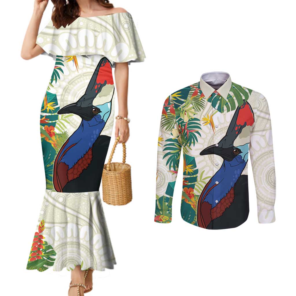 Cassowary Australia Couples Matching Mermaid Dress and Long Sleeve Button Shirt Tropical Flowers Mix Aboriginal Art