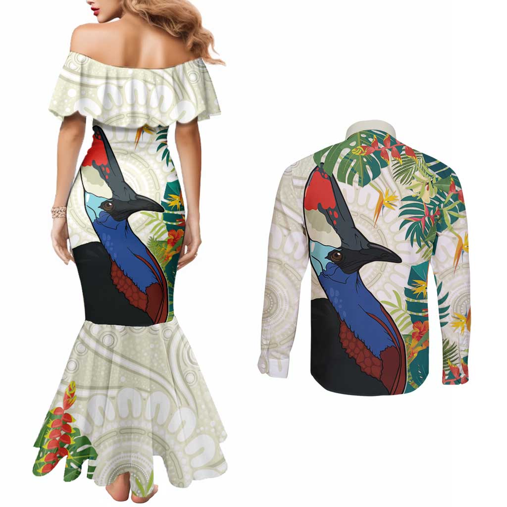 Cassowary Australia Couples Matching Mermaid Dress and Long Sleeve Button Shirt Tropical Flowers Mix Aboriginal Art