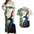Cassowary Australia Couples Matching Off Shoulder Maxi Dress and Hawaiian Shirt Tropical Flowers Mix Aboriginal Art