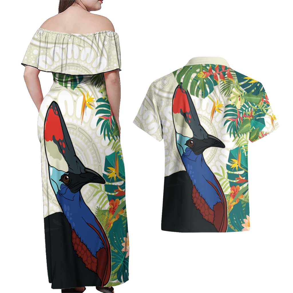 Cassowary Australia Couples Matching Off Shoulder Maxi Dress and Hawaiian Shirt Tropical Flowers Mix Aboriginal Art