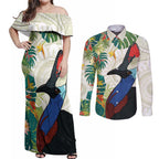 Cassowary Australia Couples Matching Off Shoulder Maxi Dress and Long Sleeve Button Shirt Tropical Flowers Mix Aboriginal Art