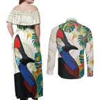 Cassowary Australia Couples Matching Off Shoulder Maxi Dress and Long Sleeve Button Shirt Tropical Flowers Mix Aboriginal Art