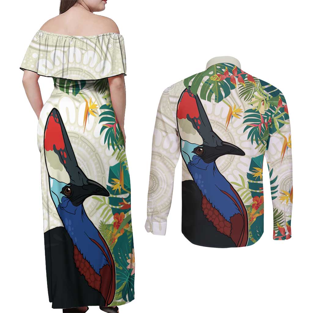 Cassowary Australia Couples Matching Off Shoulder Maxi Dress and Long Sleeve Button Shirt Tropical Flowers Mix Aboriginal Art