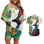 Cassowary Australia Couples Matching Off Shoulder Short Dress and Hawaiian Shirt Tropical Flowers Mix Aboriginal Art