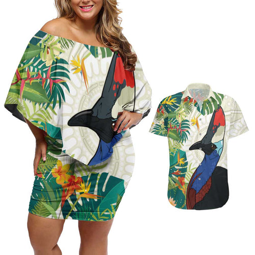 Cassowary Australia Couples Matching Off Shoulder Short Dress and Hawaiian Shirt Tropical Flowers Mix Aboriginal Art