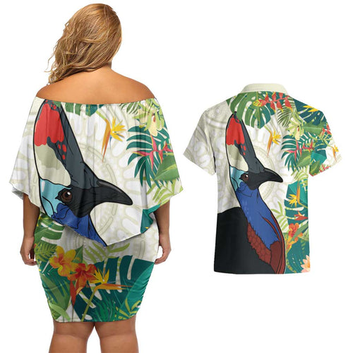 Cassowary Australia Couples Matching Off Shoulder Short Dress and Hawaiian Shirt Tropical Flowers Mix Aboriginal Art