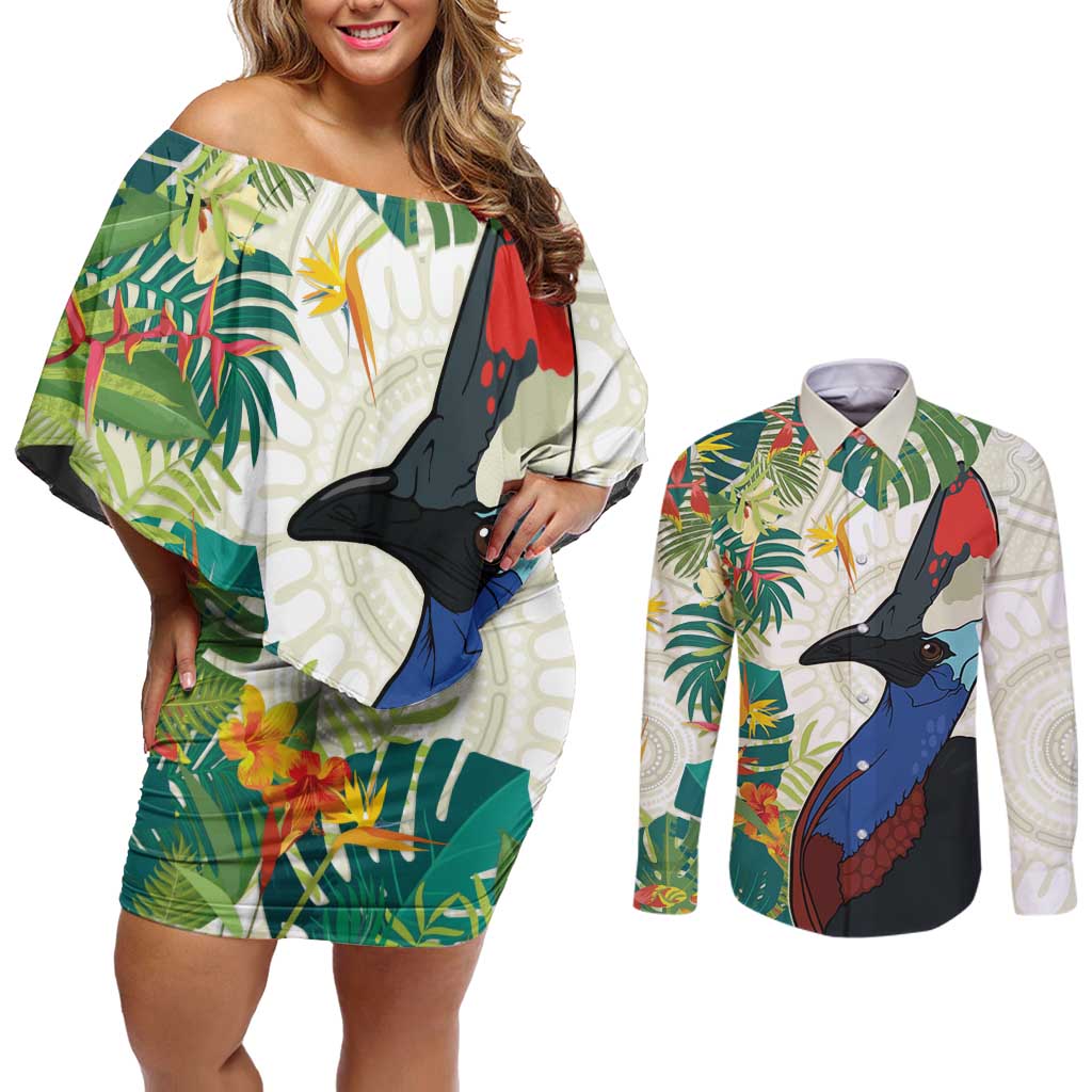 Cassowary Australia Couples Matching Off Shoulder Short Dress and Long Sleeve Button Shirt Tropical Flowers Mix Aboriginal Art