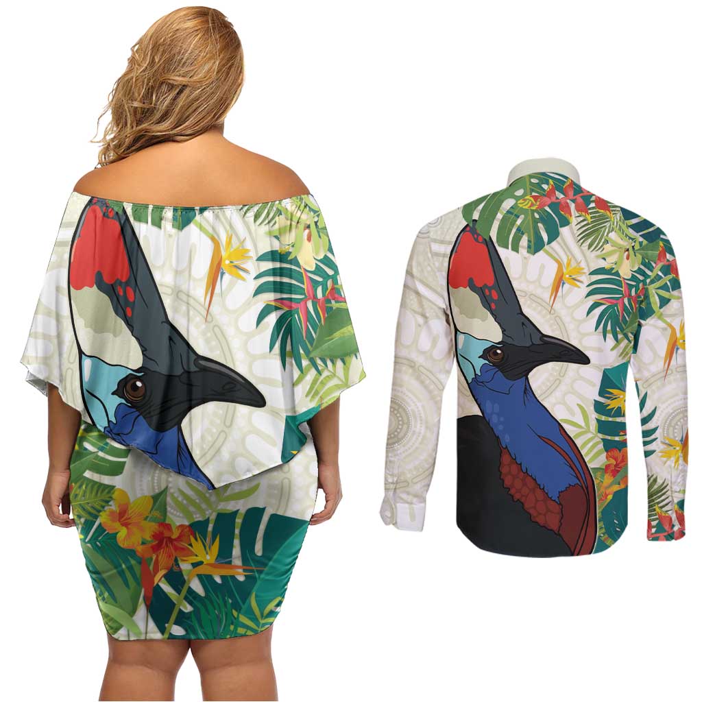 Cassowary Australia Couples Matching Off Shoulder Short Dress and Long Sleeve Button Shirt Tropical Flowers Mix Aboriginal Art