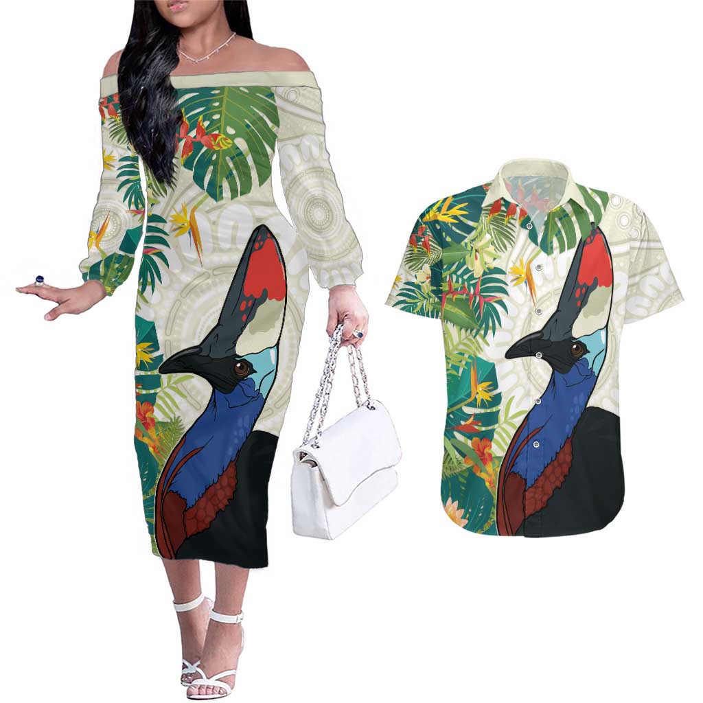 Cassowary Australia Couples Matching Off The Shoulder Long Sleeve Dress and Hawaiian Shirt Tropical Flowers Mix Aboriginal Art