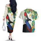 Cassowary Australia Couples Matching Off The Shoulder Long Sleeve Dress and Hawaiian Shirt Tropical Flowers Mix Aboriginal Art