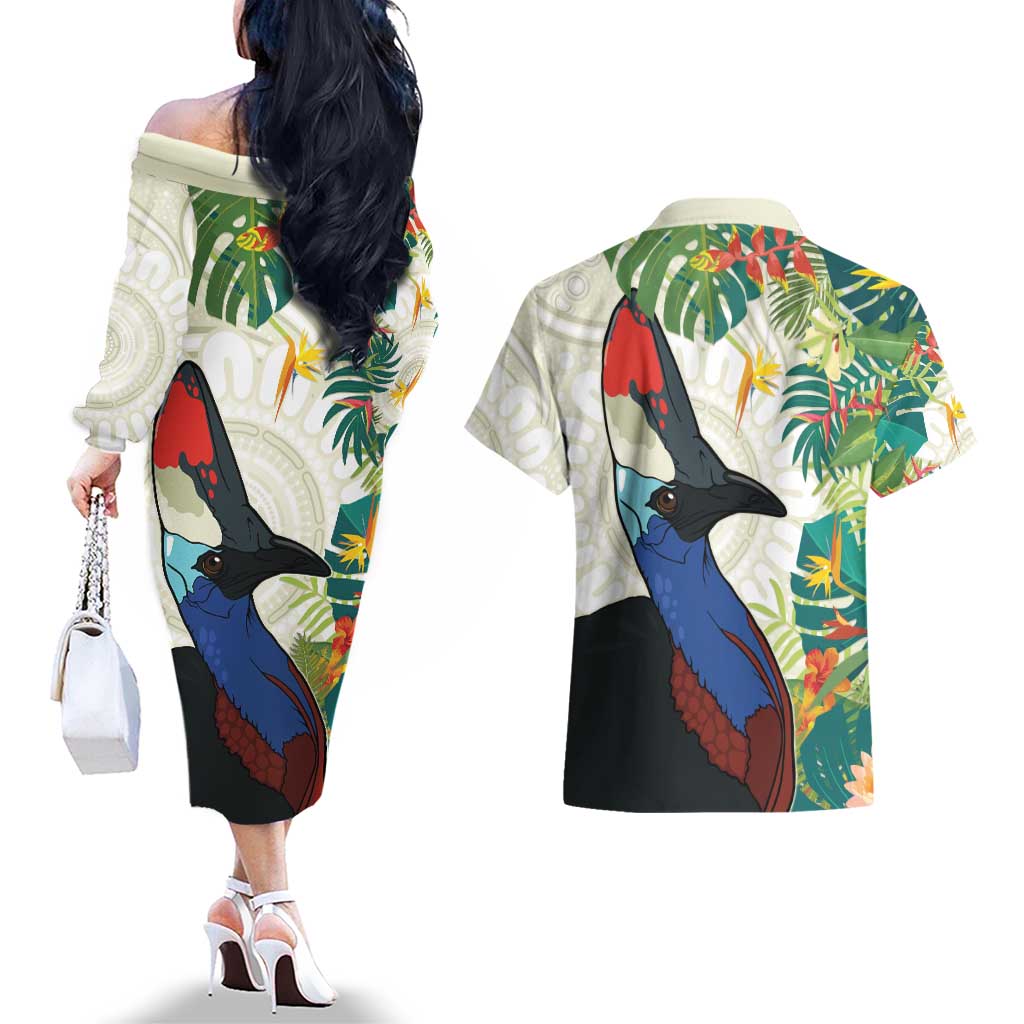 Cassowary Australia Couples Matching Off The Shoulder Long Sleeve Dress and Hawaiian Shirt Tropical Flowers Mix Aboriginal Art