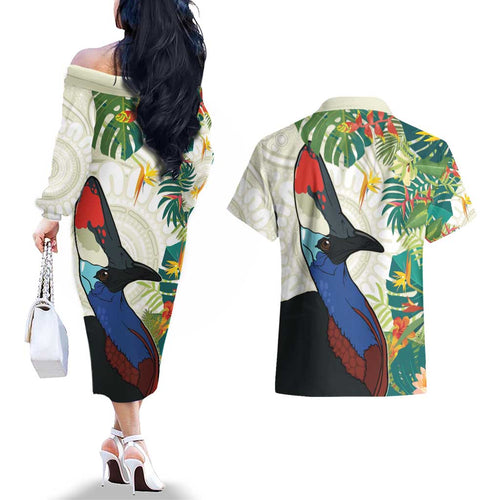 Cassowary Australia Couples Matching Off The Shoulder Long Sleeve Dress and Hawaiian Shirt Tropical Flowers Mix Aboriginal Art