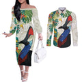 Cassowary Australia Couples Matching Off The Shoulder Long Sleeve Dress and Long Sleeve Button Shirt Tropical Flowers Mix Aboriginal Art