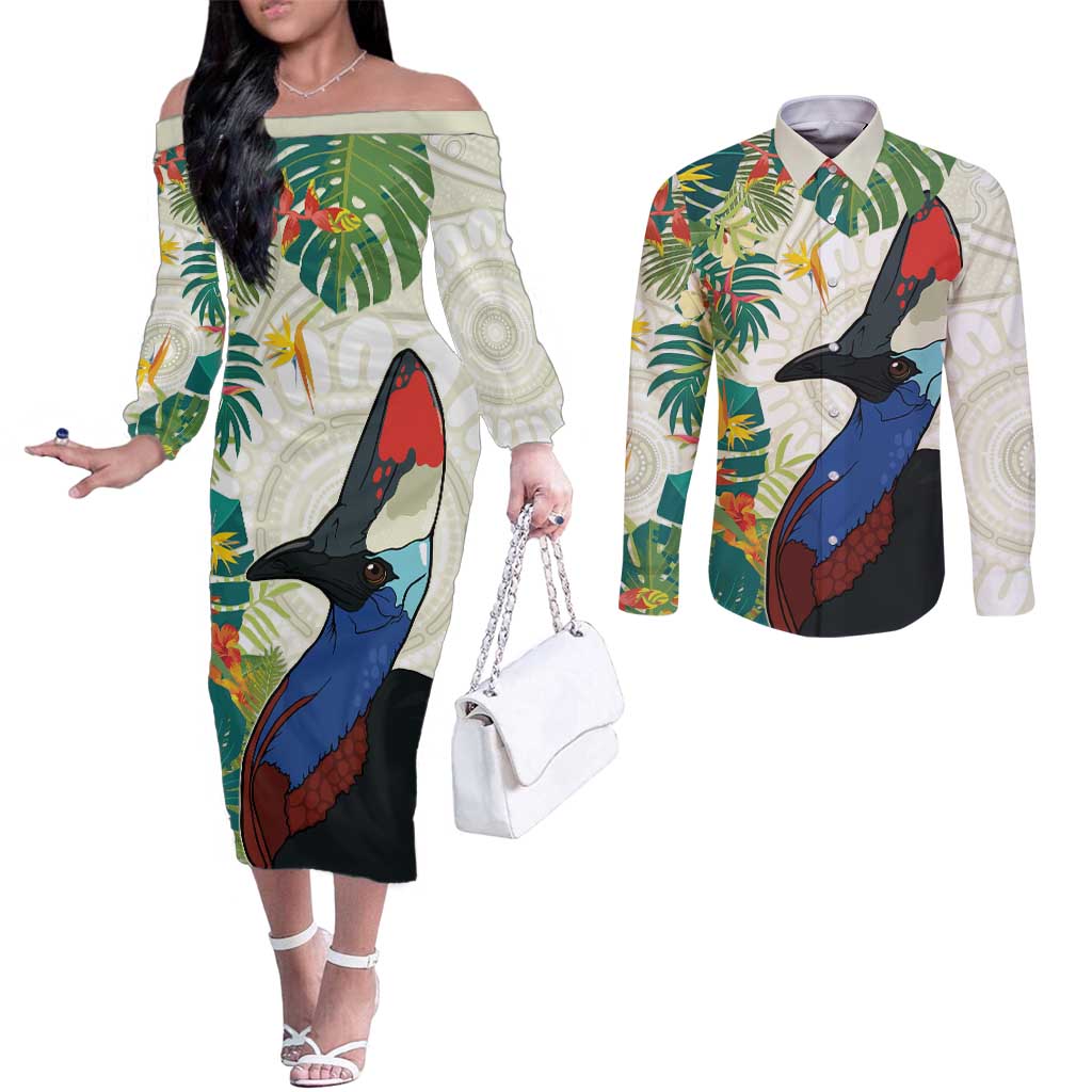Cassowary Australia Couples Matching Off The Shoulder Long Sleeve Dress and Long Sleeve Button Shirt Tropical Flowers Mix Aboriginal Art