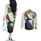 Cassowary Australia Couples Matching Off The Shoulder Long Sleeve Dress and Long Sleeve Button Shirt Tropical Flowers Mix Aboriginal Art