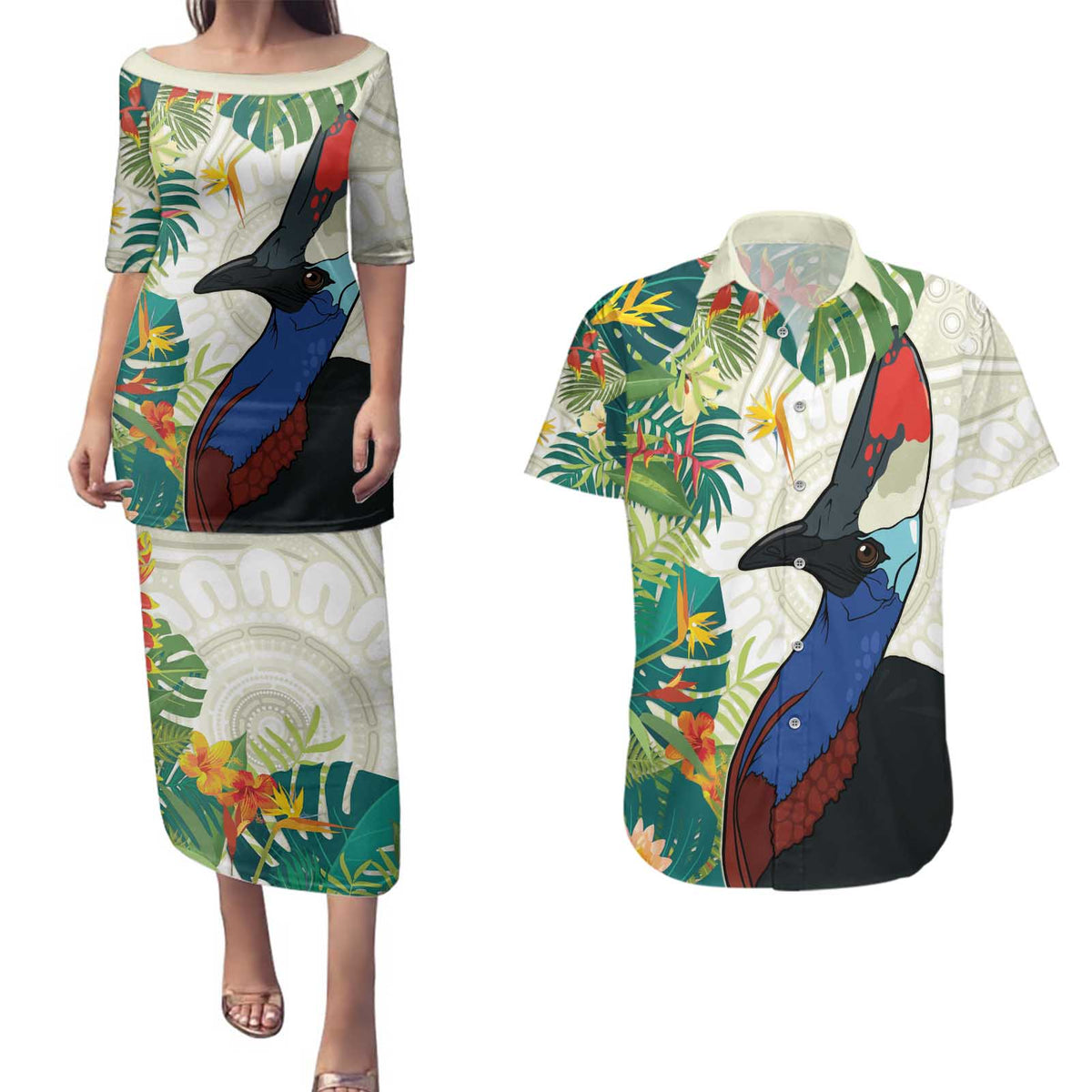 Cassowary Australia Couples Matching Puletasi and Hawaiian Shirt Tropical Flowers Mix Aboriginal Art