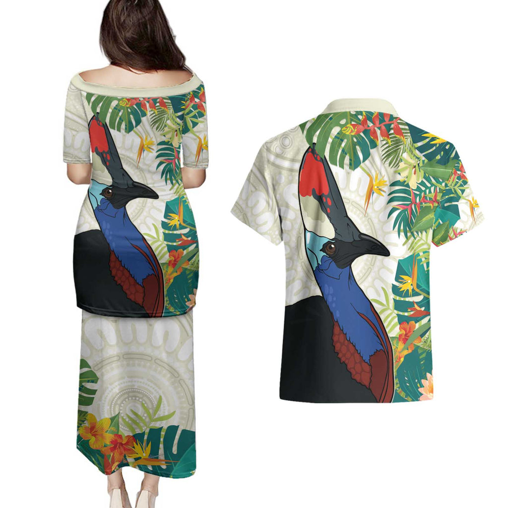 Cassowary Australia Couples Matching Puletasi and Hawaiian Shirt Tropical Flowers Mix Aboriginal Art