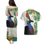 Cassowary Australia Couples Matching Puletasi and Hawaiian Shirt Tropical Flowers Mix Aboriginal Art