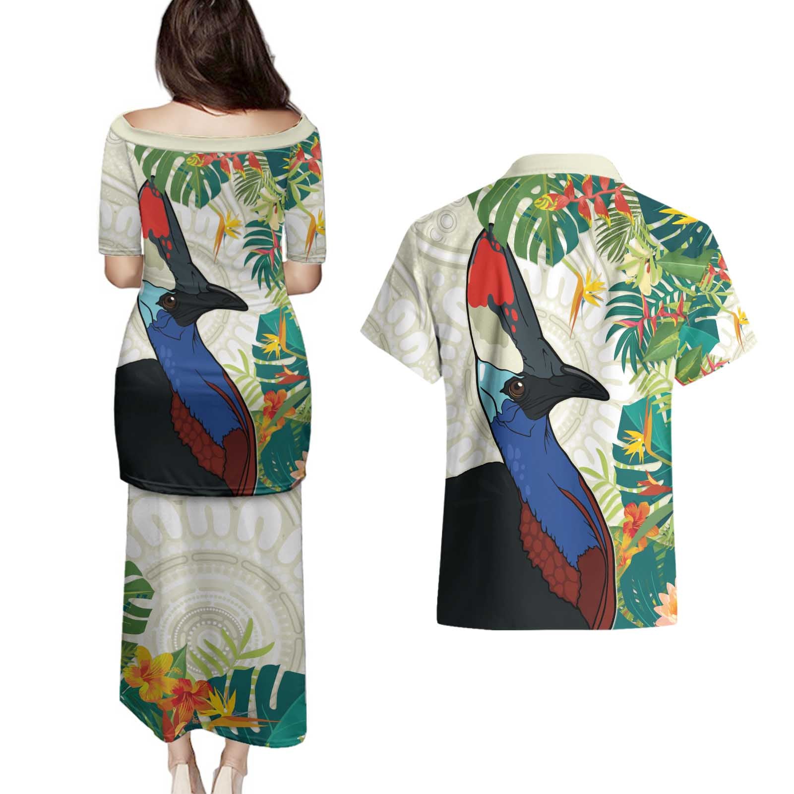 Cassowary Australia Couples Matching Puletasi and Hawaiian Shirt Tropical Flowers Mix Aboriginal Art