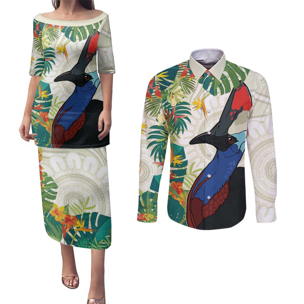 Cassowary Australia Couples Matching Puletasi and Long Sleeve Button Shirt Tropical Flowers Mix Aboriginal Art